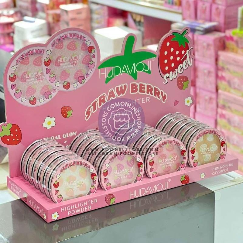هایلایتر پودری توت فرنگی هدی موجی، رژ گونه هدی موجی رایحه توت فرنگی کد 33365874 hudamoji lips highlighter stand www.poonelstore.com