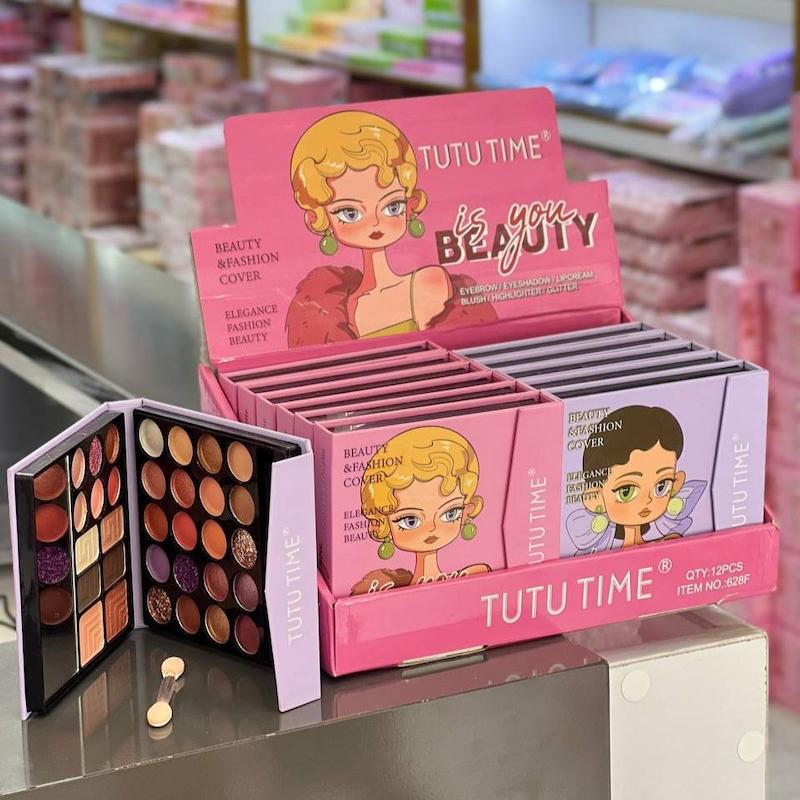 پالت همه کاره آرایشی سایه چشم، رژ لب، سایه ابرو توتوتایم tutu time highlighter eye brow blusher eye shadow & lipstick all in one makeup palette www.poonelstore.com