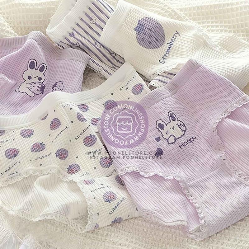 شورت زنانه وارداتی فری سایز، شورت پنبه ای زنانه خارجی، شورت پینترستی زنانه متریال نخ پنبه کد 94612588 cute purple pure cotton rabbit thread cotton strawberry ladies mid-waist underwear women panties www.poonelstore.com