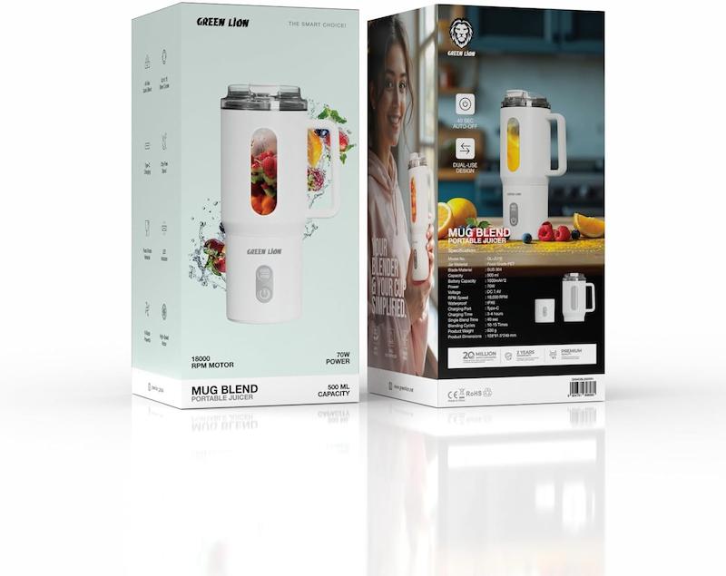 بلندر ماگ اورجینال گرین لاین، ماگ مخلوط کن پرتابل گرین لاین کد 74111236 green lion mug-blend portable blender 70W cordless 500ml drip-free spout stainless steel blades 40S quick blending for shakes & smoothies leakproof-lid dishwasher safe parts