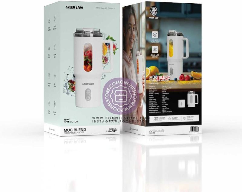 بلندر ماگ اورجینال گرین لاین، ماگ مخلوط کن پرتابل گرین لاین کد 74111236 green lion mug-blend portable blender 70W cordless 500ml drip-free spout stainless steel blades 40S quick blending for shakes & smoothies leakproof-lid dishwasher safe parts