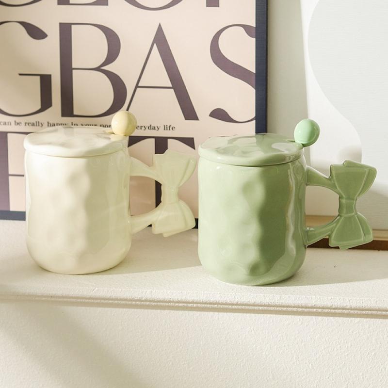 ماگ پینترستی پاپیونی، ماگ سرامیکی فانتزی پاپیونی حجم 450 میلی لیتر کد 64159002 ceramic mug with bow 450 ml breakfast mug for couple of coffee macaron coffee mug dishwasher and microwave safe suitable for coffee latte macchiato