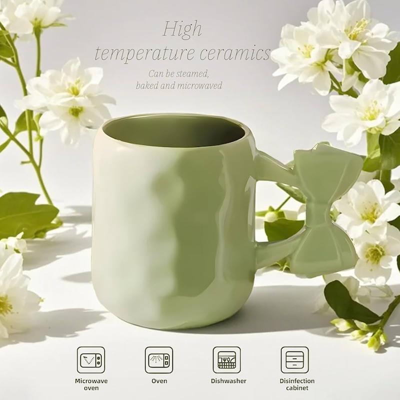 ماگ پینترستی پاپیونی، ماگ سرامیکی فانتزی پاپیونی حجم 450 میلی لیتر کد 64159002 ceramic mug with bow 450 ml breakfast mug for couple of coffee macaron coffee mug dishwasher and microwave safe suitable for coffee latte macchiato