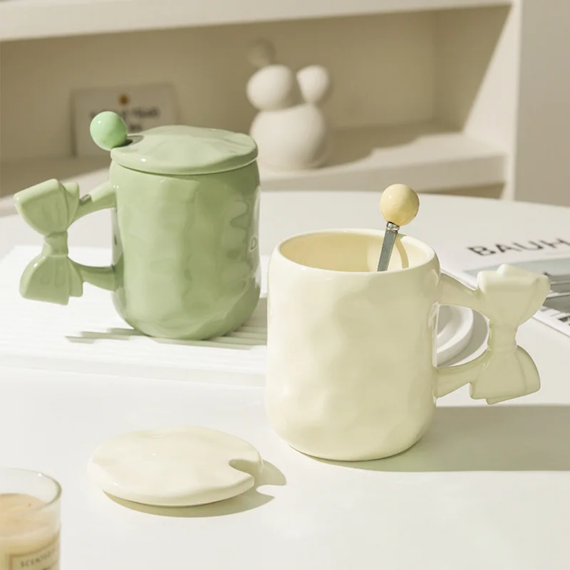 ماگ پینترستی پاپیونی، ماگ سرامیکی فانتزی پاپیونی حجم 450 میلی لیتر کد 64159002 ceramic mug with bow 450 ml breakfast mug for couple of coffee macaron coffee mug dishwasher and microwave safe suitable for coffee latte macchiato