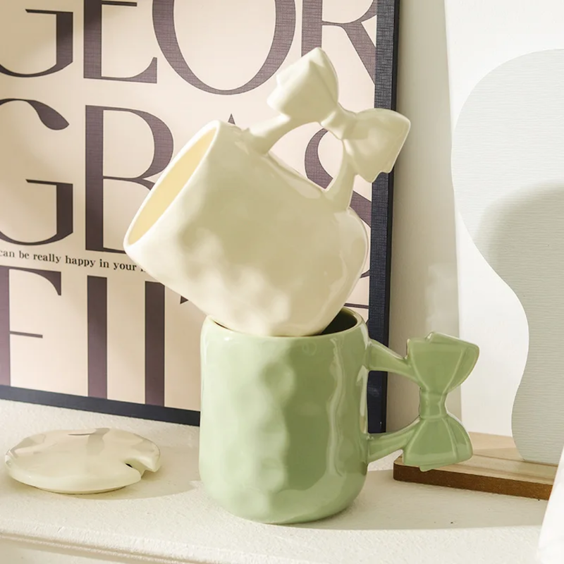 ماگ پینترستی پاپیونی، ماگ سرامیکی فانتزی پاپیونی حجم 450 میلی لیتر کد 64159002 ceramic mug with bow 450 ml breakfast mug for couple of coffee macaron coffee mug dishwasher and microwave safe suitable for coffee latte macchiato