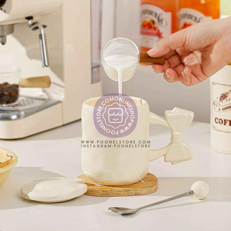 ماگ پینترستی پاپیونی، ماگ سرامیکی فانتزی پاپیونی حجم 450 میلی لیتر کد 64159002 ceramic mug with bow 450 ml breakfast mug for couple of coffee macaron coffee mug dishwasher and microwave safe suitable for coffee latte macchiato