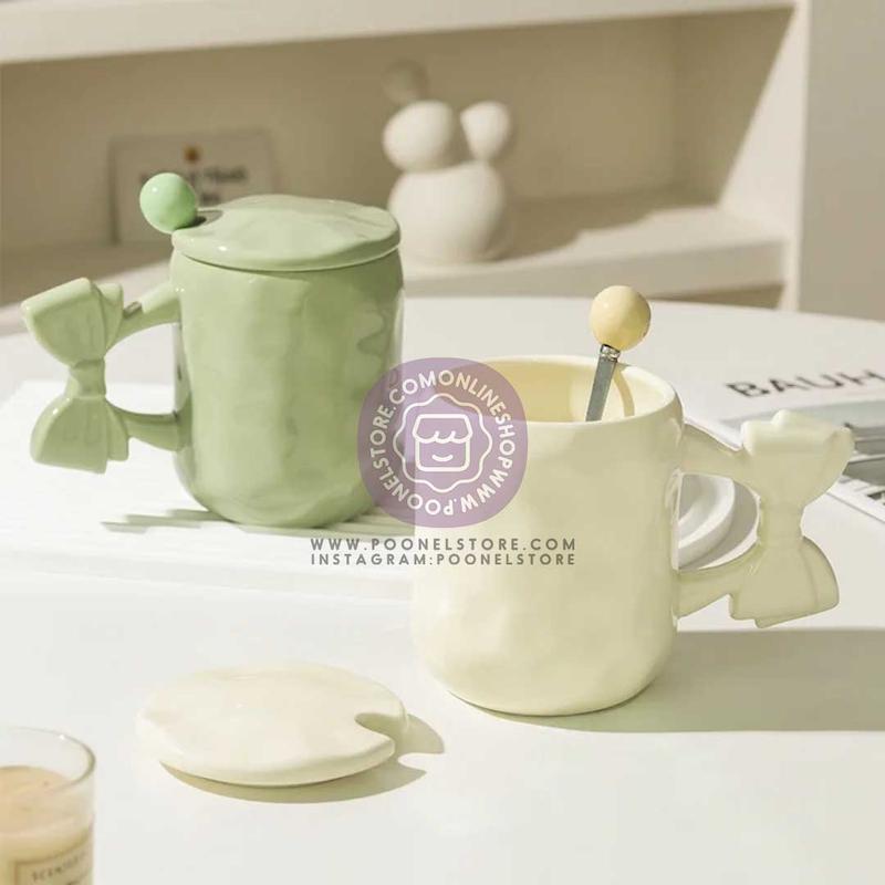 ماگ پینترستی پاپیونی، ماگ سرامیکی فانتزی پاپیونی حجم 450 میلی لیتر کد 64159002 ceramic mug with bow 450 ml breakfast mug for couple of coffee macaron coffee mug dishwasher and microwave safe suitable for coffee latte macchiato