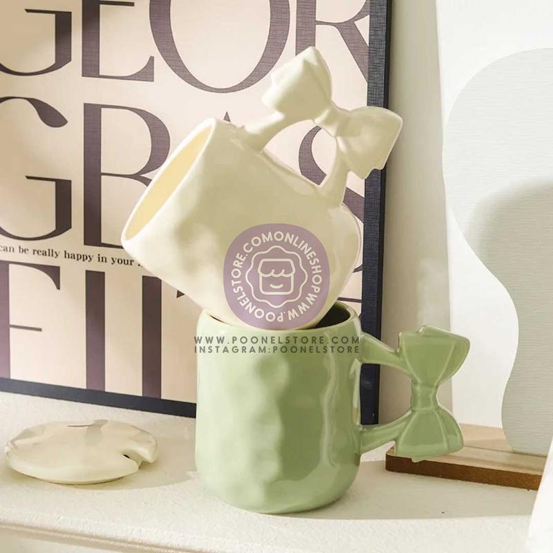 ماگ پینترستی پاپیونی، ماگ سرامیکی فانتزی پاپیونی حجم 450 میلی لیتر کد 64159002 ceramic mug with bow 450 ml breakfast mug for couple of coffee macaron coffee mug dishwasher and microwave safe suitable for coffee latte macchiato