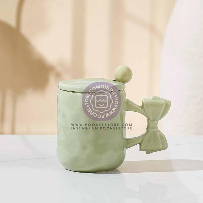 ماگ پینترستی پاپیونی، ماگ سرامیکی فانتزی پاپیونی حجم 450 میلی لیتر کد 64159002 ceramic mug with bow 450 ml breakfast mug for couple of coffee macaron coffee mug dishwasher and microwave safe suitable for coffee latte macchiato
