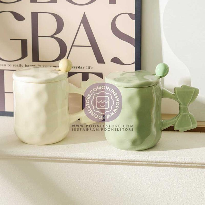 ماگ پینترستی پاپیونی، ماگ سرامیکی فانتزی پاپیونی حجم 450 میلی لیتر کد 64159002 ceramic mug with bow 450 ml breakfast mug for couple of coffee macaron coffee mug dishwasher and microwave safe suitable for coffee latte macchiato