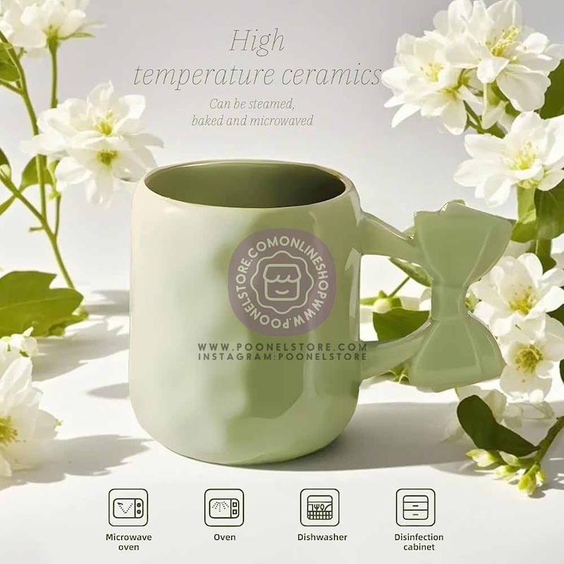 ماگ پینترستی پاپیونی، ماگ سرامیکی فانتزی پاپیونی حجم 450 میلی لیتر کد 64159002 ceramic mug with bow 450 ml breakfast mug for couple of coffee macaron coffee mug dishwasher and microwave safe suitable for coffee latte macchiato