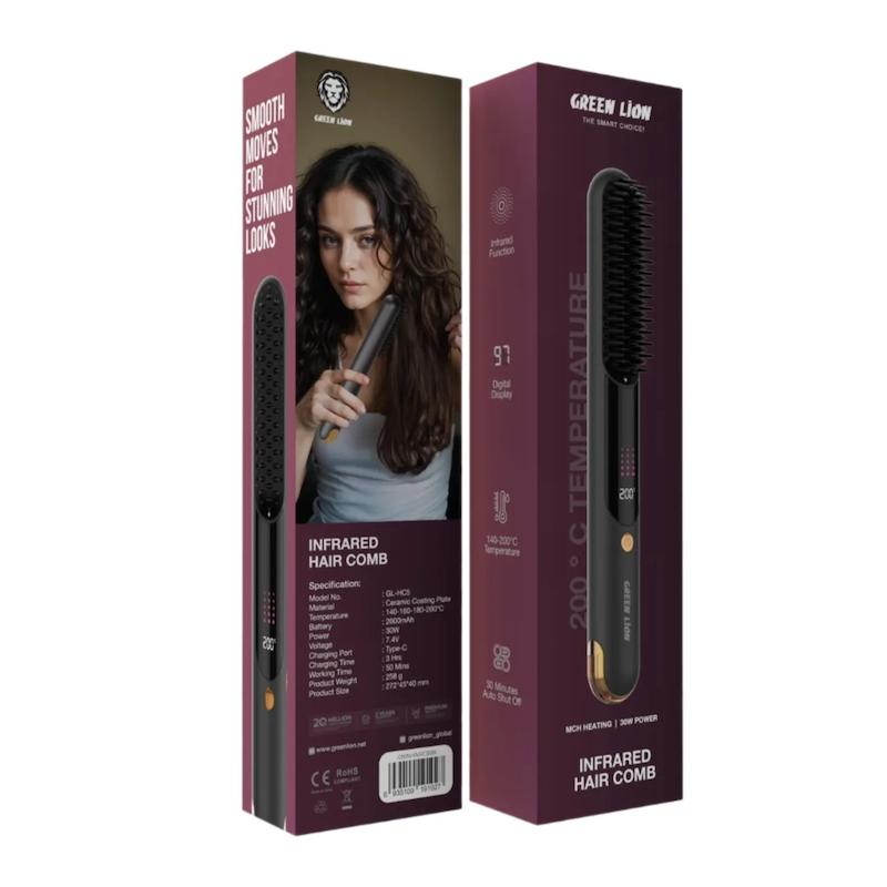برس مو حرارتی گرین لاین، برس حرارتی پرتابل شارژی گرین لاین کد 78450021 infrared hair comb mch heating digital display 140-200°C temperature 30 minutes auto shut off considerable working time high capacity battery