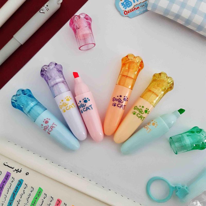 ماژیک هایلایتر پینترستی بسته 6 عددی، ماژیک علامت زن فانتزی مدل پنجه گربه cute students stationery highlighter markers cat claw design 6 pcs www.poonelstore.com