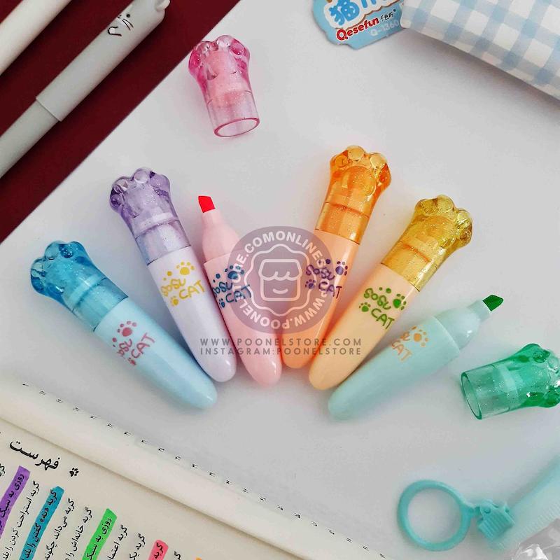 ماژیک هایلایتر پینترستی بسته 6 عددی، ماژیک علامت زن فانتزی مدل پنجه گربه cute students stationery highlighter markers cat claw design 6 pcs www.poonelstore.com