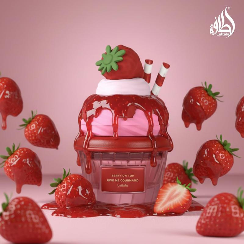+ویدیو عطر پینترستی لطافه نسخه اورجینال مدل بستنی میوه ای برری آن تاپ توت فرنگی Lattafa Berry On Top Eau de Parfum Give Me Gourmand Collection Fruity Berry & Vanilla Cream Scent Spray Form 75ml