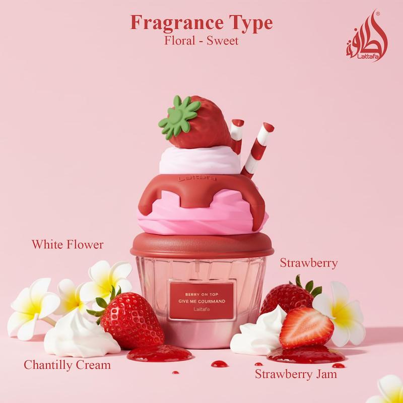 +ویدیو عطر پینترستی لطافه نسخه اورجینال مدل بستنی میوه ای برری آن تاپ توت فرنگی Lattafa Berry On Top Eau de Parfum Give Me Gourmand Collection Fruity Berry & Vanilla Cream Scent Spray Form 75ml