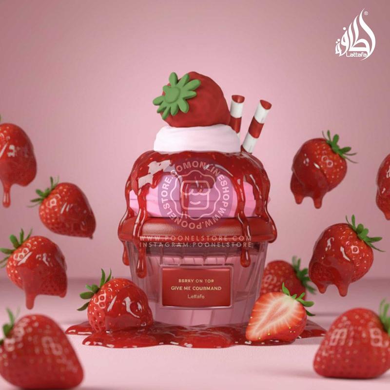 +ویدیو عطر پینترستی لطافه نسخه اورجینال مدل بستنی میوه ای برری آن تاپ توت فرنگی Lattafa Berry On Top Eau de Parfum Give Me Gourmand Collection Fruity Berry & Vanilla Cream Scent Spray Form 75ml