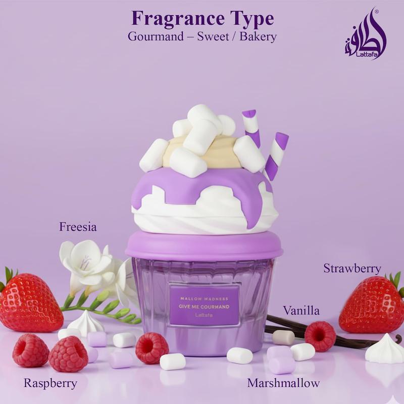 +ویدیو عطر پینترستی لطافه نسخه اورجینال مدل مالو مدنس گیو می گورماند Lattafa Mallow Madness Eau de Parfum Give Me Gourmand Collection Sweet Gourmand FraGrance Marshmallow & Vanilla Spray Form 75ml LonG lastinG