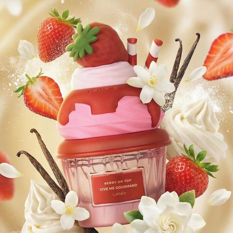 +ویدیو عطر پینترستی لطافه نسخه اورجینال مدل بستنی میوه ای برری آن تاپ توت فرنگی Lattafa Berry On Top Eau de Parfum Give Me Gourmand Collection Fruity Berry & Vanilla Cream Scent Spray Form 75ml