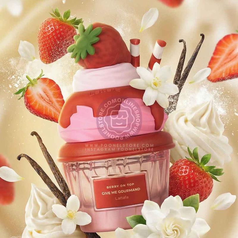 +ویدیو عطر پینترستی لطافه نسخه اورجینال مدل بستنی میوه ای برری آن تاپ توت فرنگی Lattafa Berry On Top Eau de Parfum Give Me Gourmand Collection Fruity Berry & Vanilla Cream Scent Spray Form 75ml