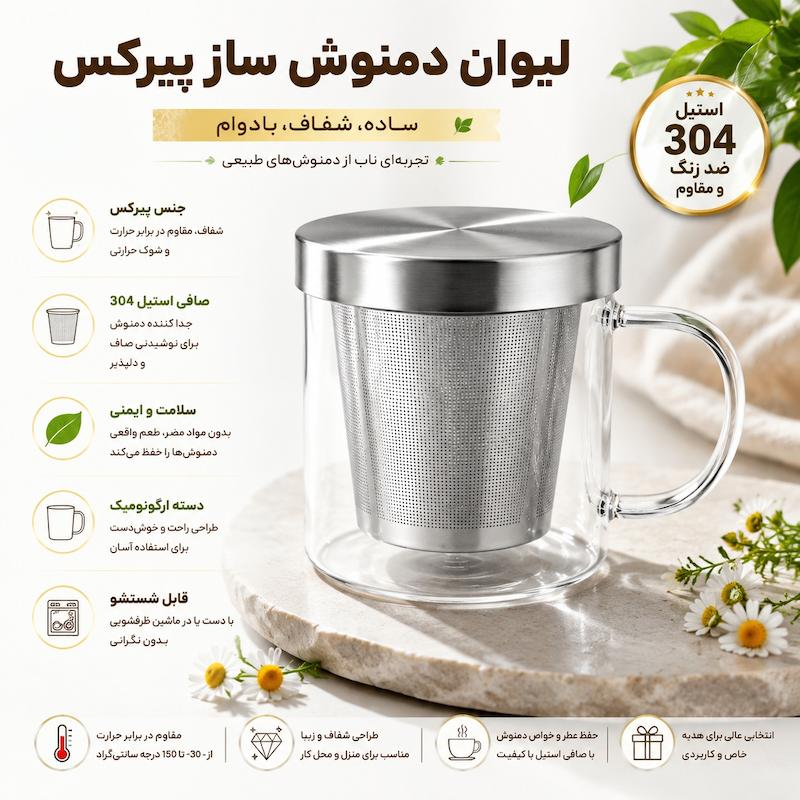 لیوان دمنوش ساز پیرکس 450 میلی لیتری مناسب دم آوری انواع دمنوش گیاهی