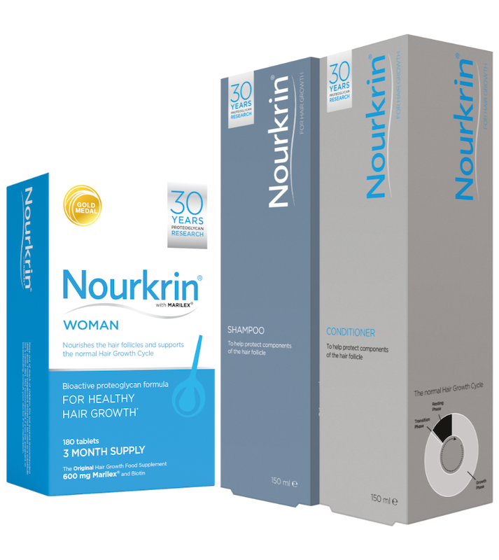قرص تقویت مو  خانمها Nourkrin Woman 180 Tablets همراه با شامپو و نرم‌کننده 
