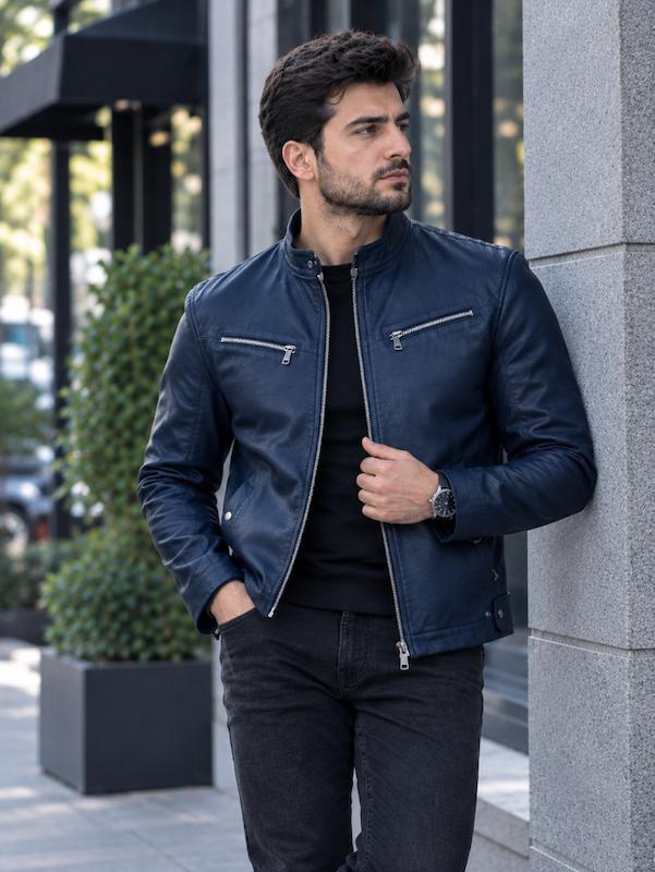 کاپشن مردانه چرم گاوی مدل پدرو رنگ سرمه ای