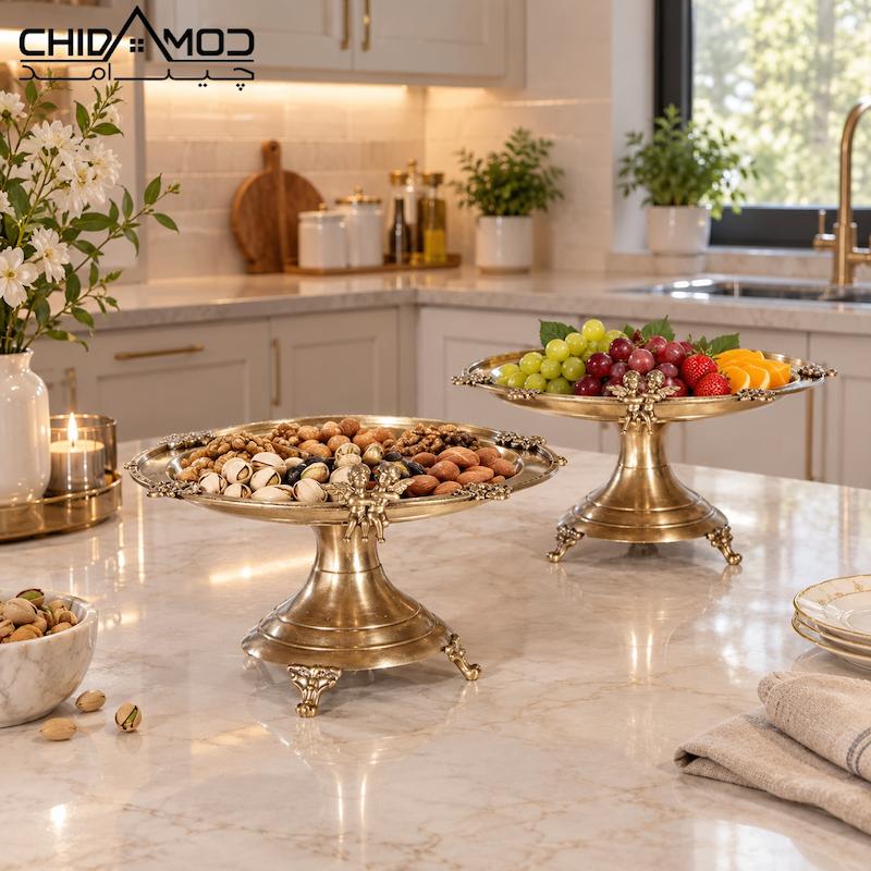 شیرینی خوری گرد پایه دار برنجی دو فرشته