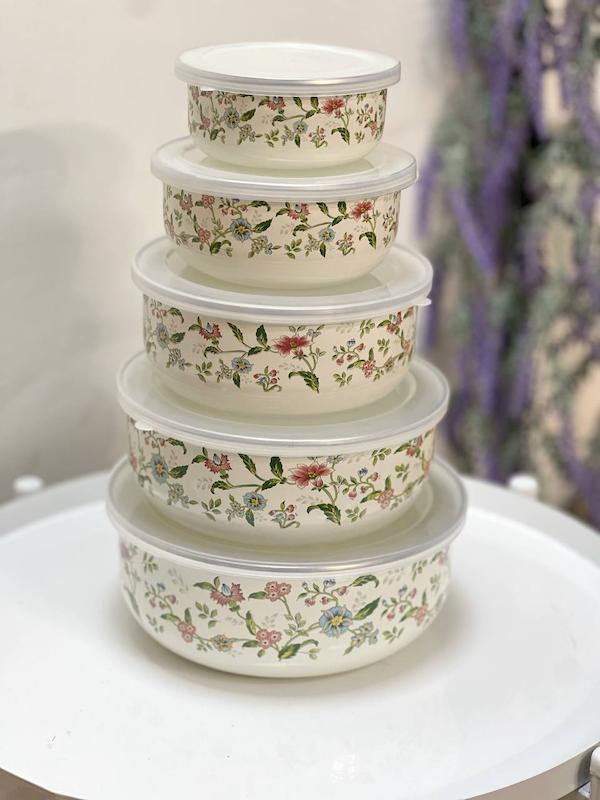 ست پنج تیکه ظروف دربدار لعابی گلدار