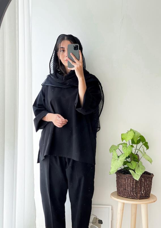 مانتو مشکی لینن یقه هفت رشتاله