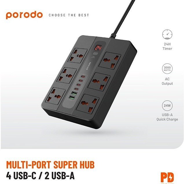 چند راهی برق پرودو مدل Multi-Port Super Hub PD-FWCH009 طول کابل 2 متر