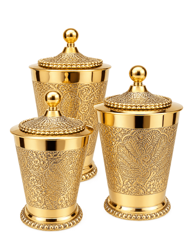 بانکه استوانه(جا ادویه) برنج طلایی درب دار طرح طاووس