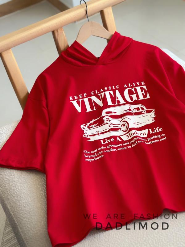 تیشرت باکسی کلاهدار سوپر چاپ VINTAGE کد۷۲۹