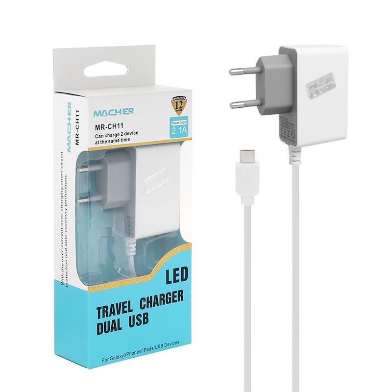 شارژر دیواری اندروید میکرو 2.1آمپر مچر مدل MR-CH11 با دو خروجی USB
