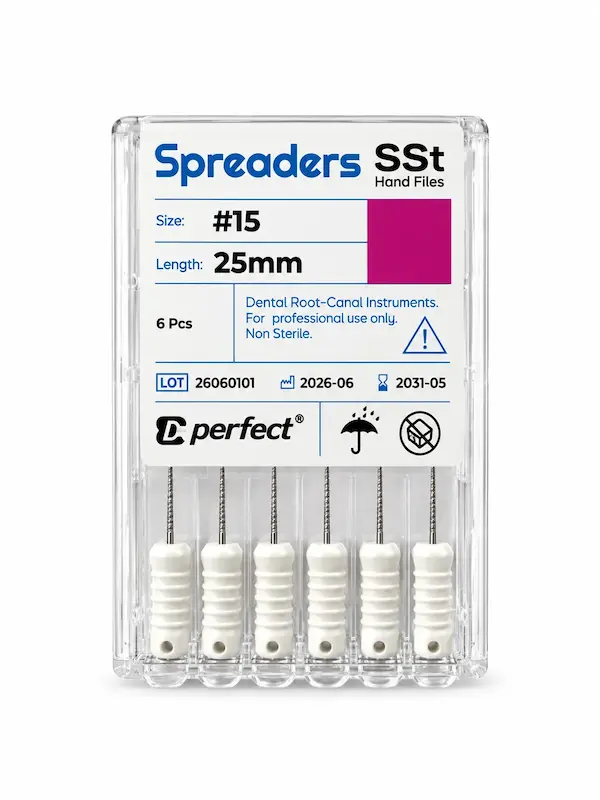 <img src="perfect-finger-spreader-25mm-6pcs.jpg" alt="اسپریدر طول ۲۵ پرفکت - ابزار دستی پرکردن کانال ریشه، بسته ۶ عددی">