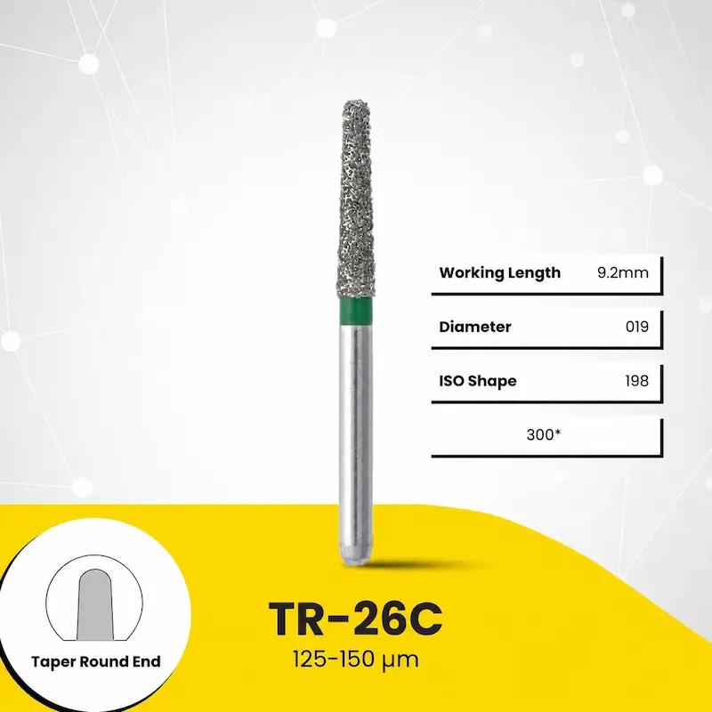 <img src="diamond-bur-tr-26-taper-round-end-5pcs.jpg" alt="فرز الماسه مخروطی نوک گرد TR-26 بسته ۵ عددی - مناسب آماده‌سازی حفره و پروتز دندان">
