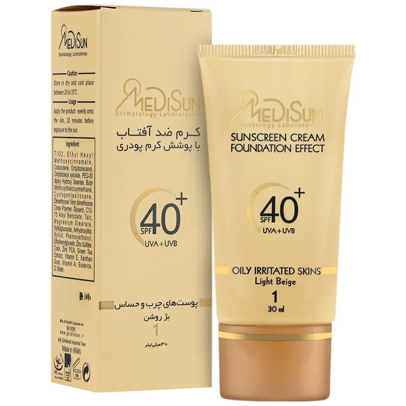 مدیسان کرم ضد آفتاب با پوشش کرم پودری پوست چرب و حساس بژ روشن  spf40