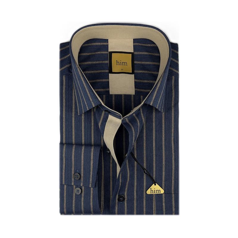 پیراهن مردانه بافت‌دار سرمه‌ای راه نسکافه‌ای