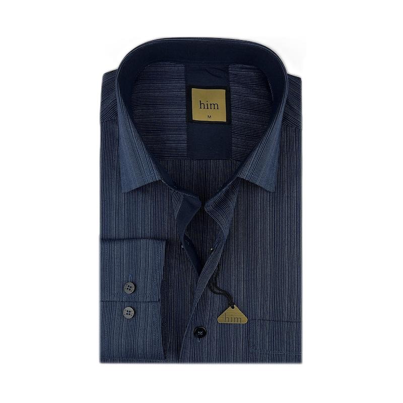 پیراهن مردانه سرمه‌ای راه ریز متراکم آبی 