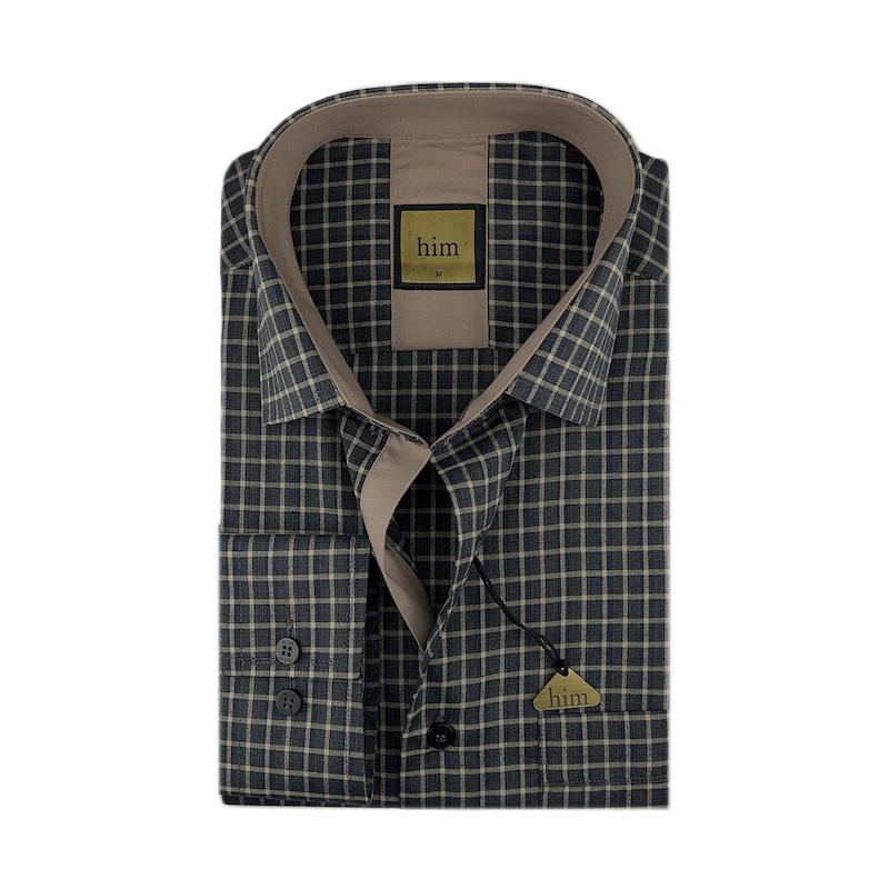 پیراهن مردانه چهارخانه سبزآبی-نسکافه‌ای