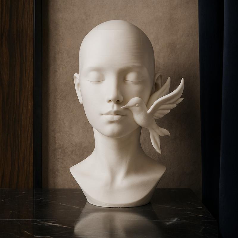 مجسمه دکوری چهره آرام با مرغ مگس خوار