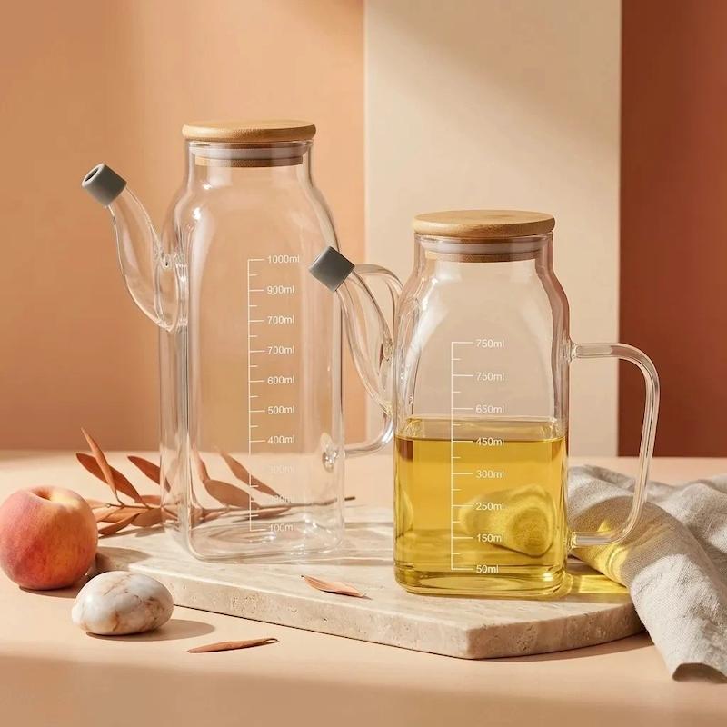 بطری روغن‌ریز پیرکس مربعی درب بامبو کد A82