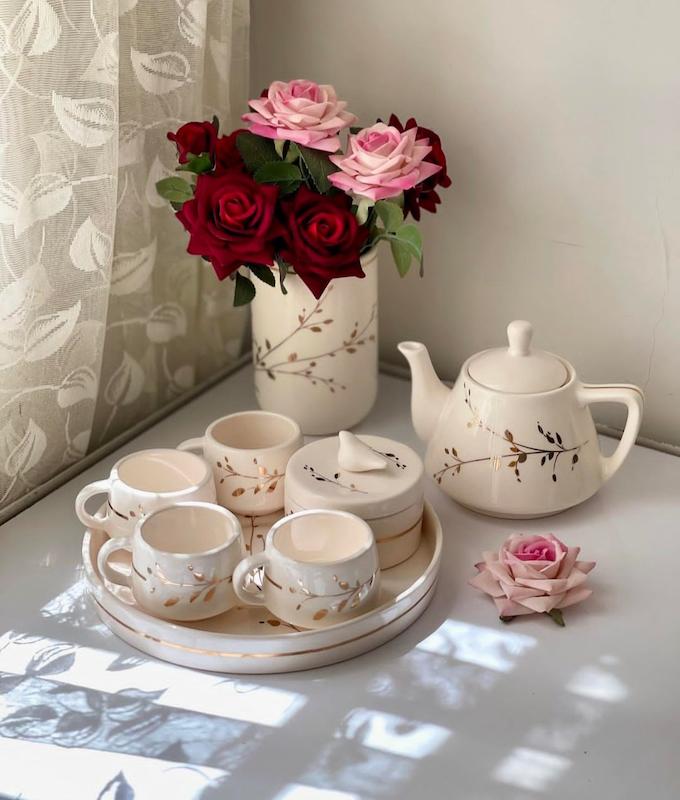 ست چایی خوری سرامیکی طرح شاخه طلایی