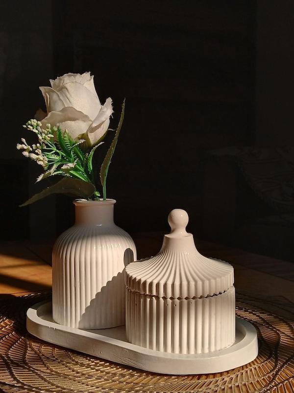 ست گلدان و قندان با سینی سنگ مصنوعی طرح دکوراتیو