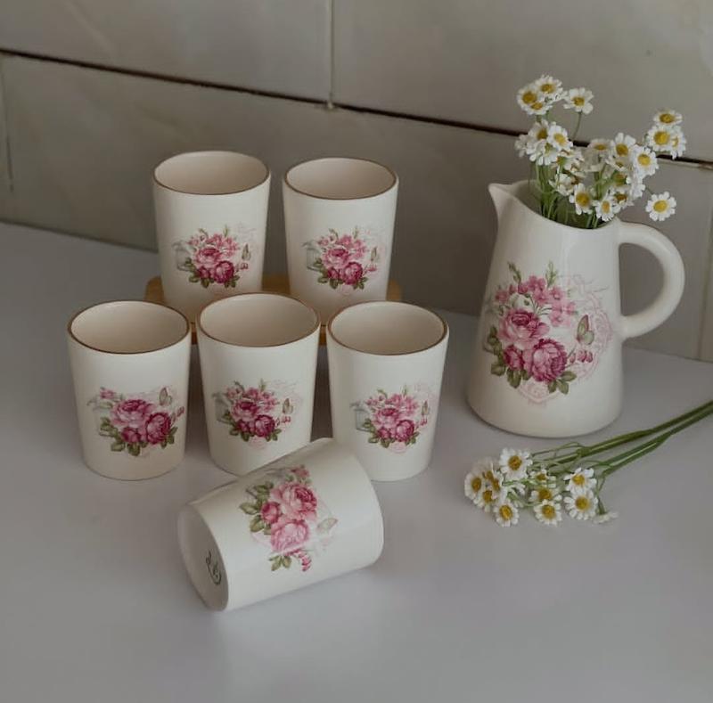 ست پارچ و لیوان سرامیکی طرح گل های صورتی 