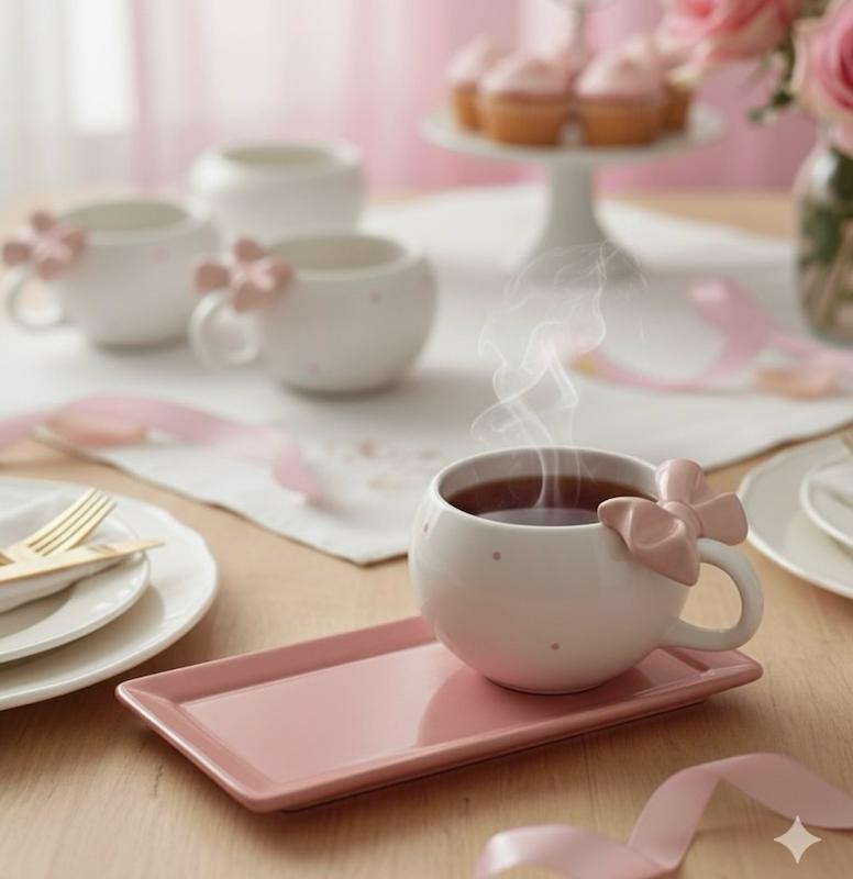 ماگ سرامیکی طرح پاپیون صورتی با زیر لیوانی