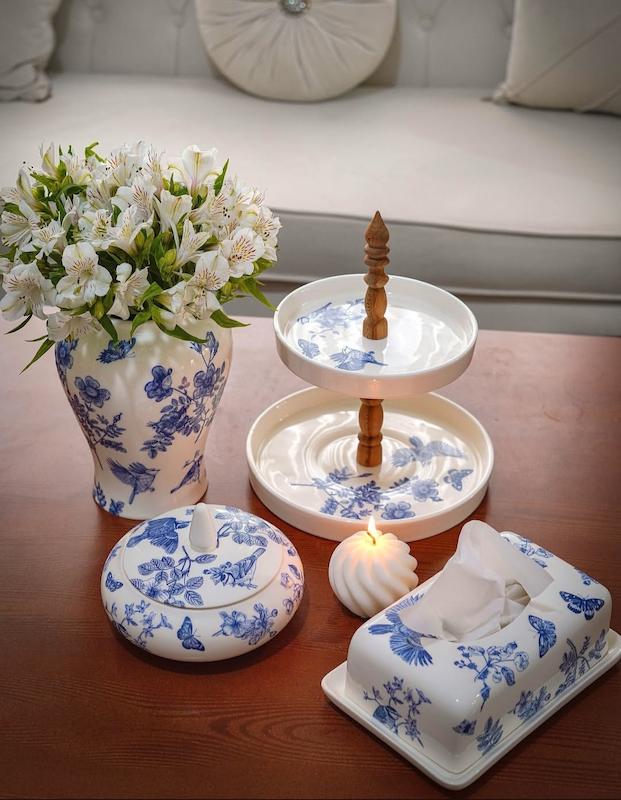 ست دکوری سرامیکی آبی سفید طرح پرنده و گل