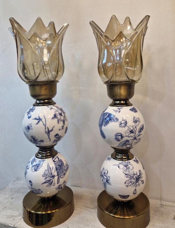 شعمدان شیشه ای گل برگ با پایه سرامیک نقش آبی