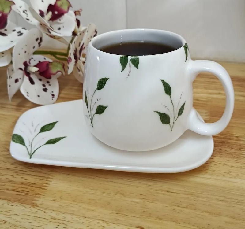 ست ماگ و سینی سرامیکی طرح برگ  سبز