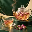 دمنوش گل محمدی ویستا در قوری و فنجان شیشه‌ای